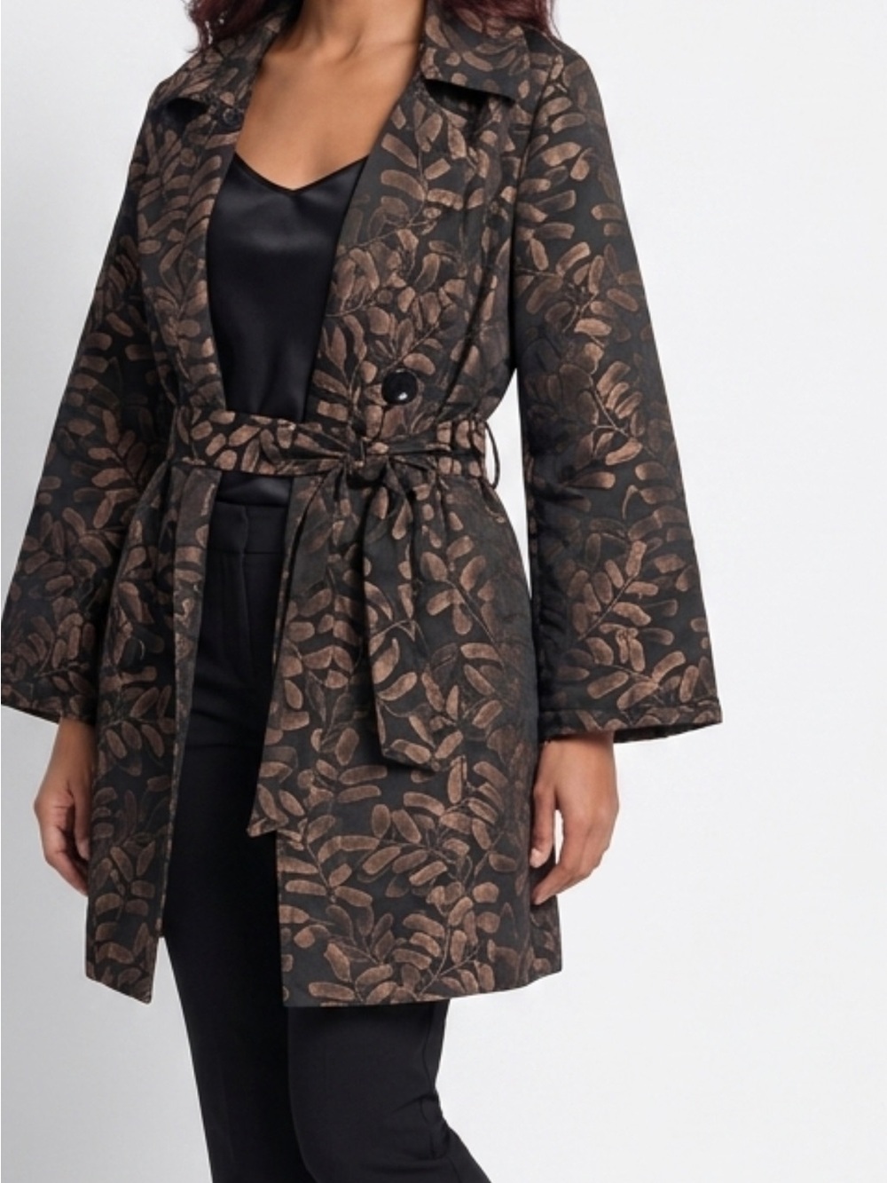 Carlisle Black Trench Coat with Brown Leaf Print